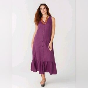 J.Jill Love Linen Button Front Maxi Dress Purple Lagenlook Cottagecore